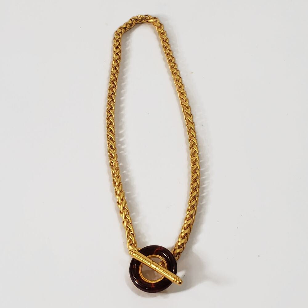 Matte Gold Tone Wheat Chain Faux Tortoise Shell Toggle Necklace 18"